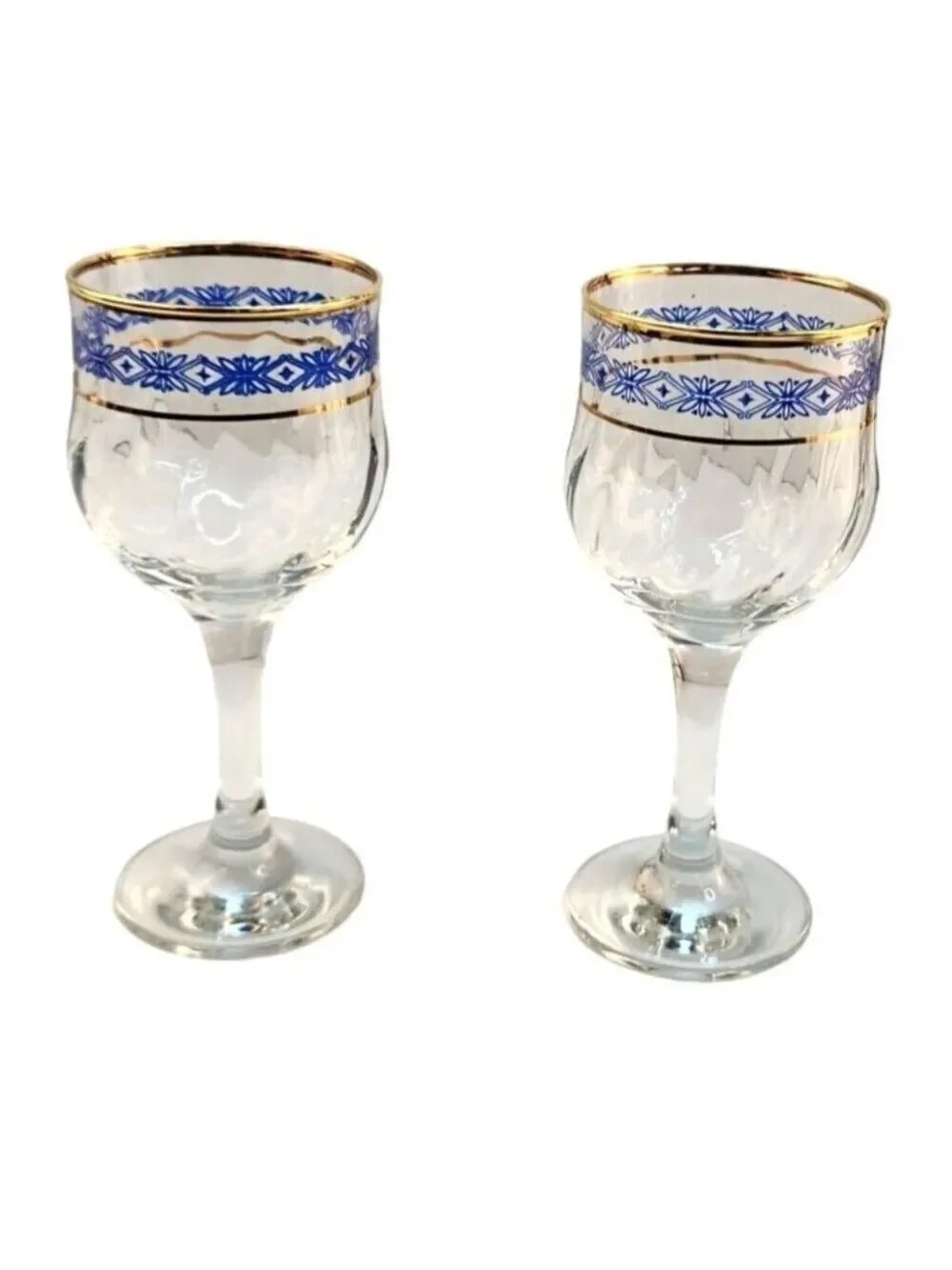 Steamed Wine Glasses Blue Floral Diamond & Gold Rim Design, Swirl Glass